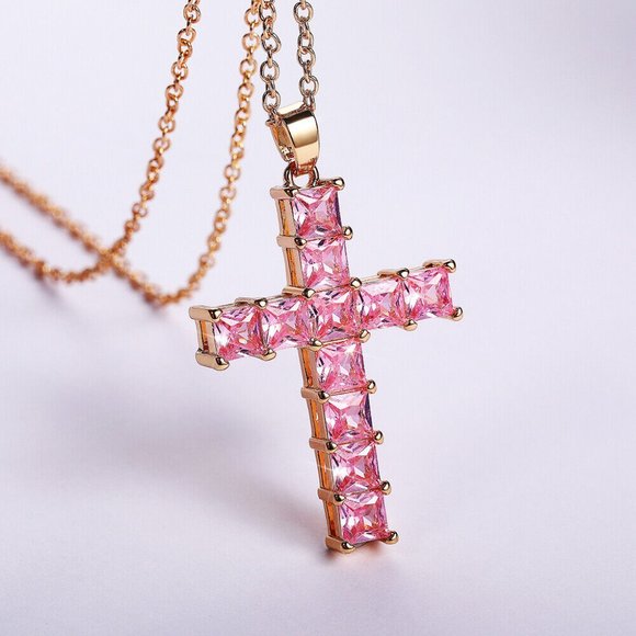 Gold & Pink Cross Necklace CZ Cubic Zircon Diamond Pendant, Jesus, Church Bling - Picture 1 of 5